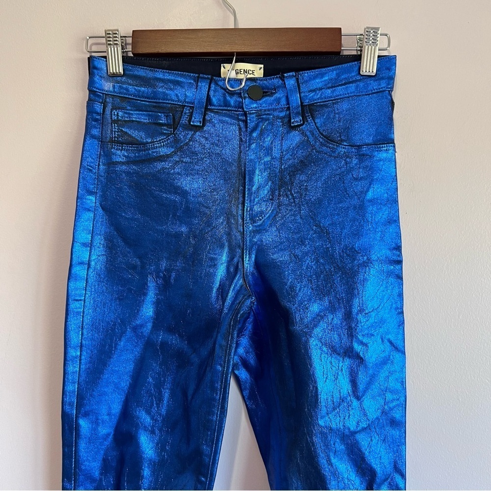 L'AGENCE MARGOT SKINNY HIGH RISE NAVY ROYAL BLUE FOIL METALLIC PANTS HOLIDAY  26 - Picture 5 of 12